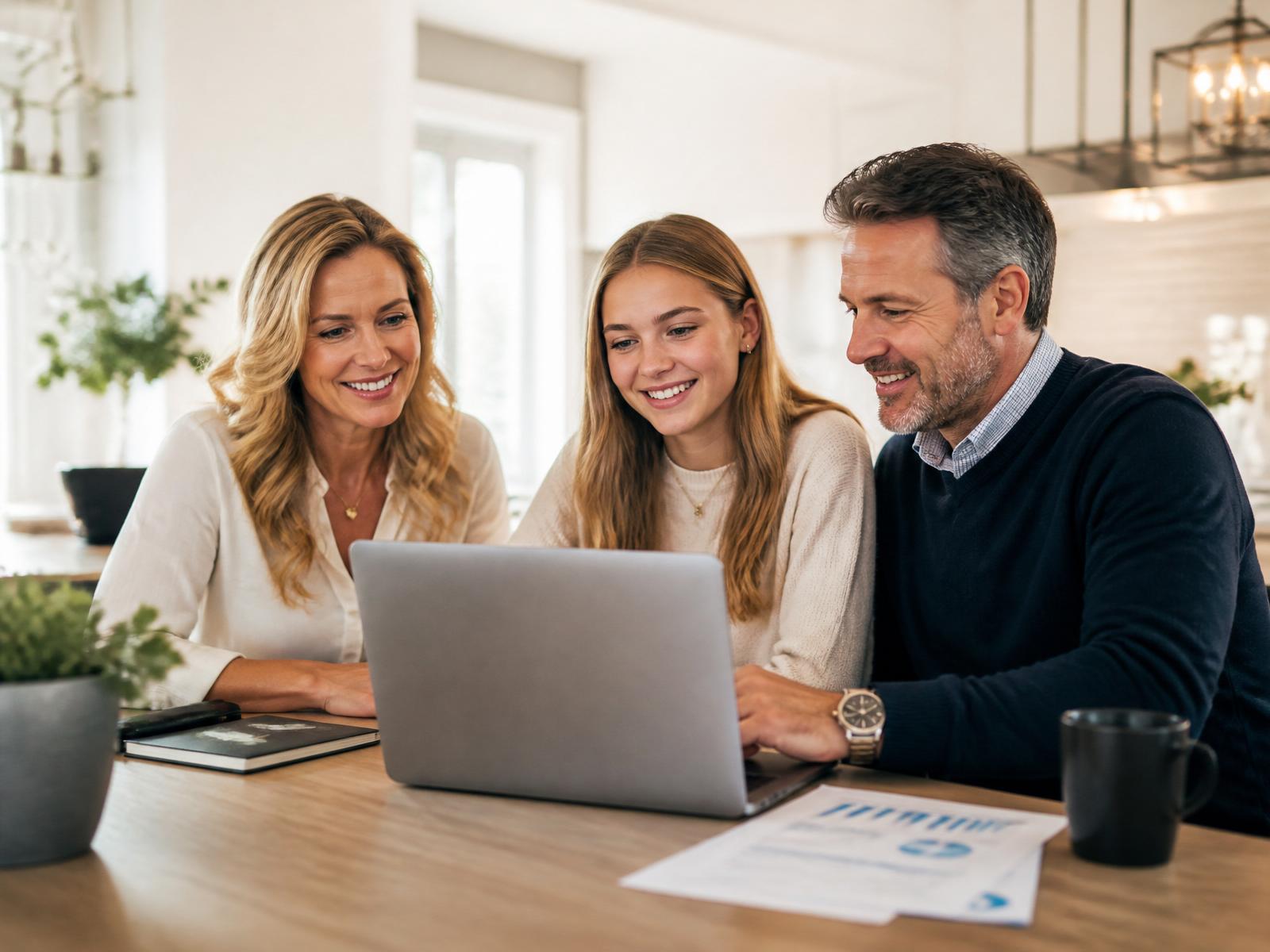 American family reviewing their finances together on a laptop at a kitchen table